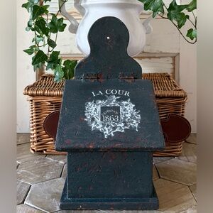 Vintage Inspired French Style Wood Salt Box, French Signage, Navy Blue, 11.25”